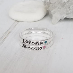 3mm Custom Name with Birthstone Ring - Sterling Silver