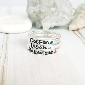 3mm Custom Name with Birthstone Ring - Sterling Silver