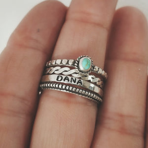 4pc Stacking Name and Turquoise Ring Set - Sterling Silver