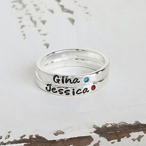 3mm Custom Name with Birthstone Ring - Sterling Silver