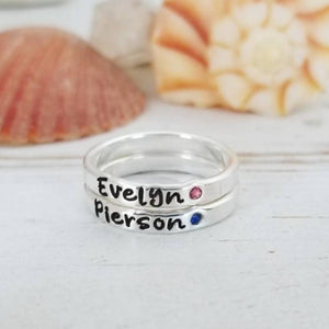 3mm Custom Name with Birthstone Ring - Sterling Silver