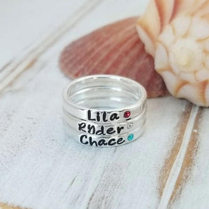 3mm Custom Name with Birthstone Ring - Sterling Silver