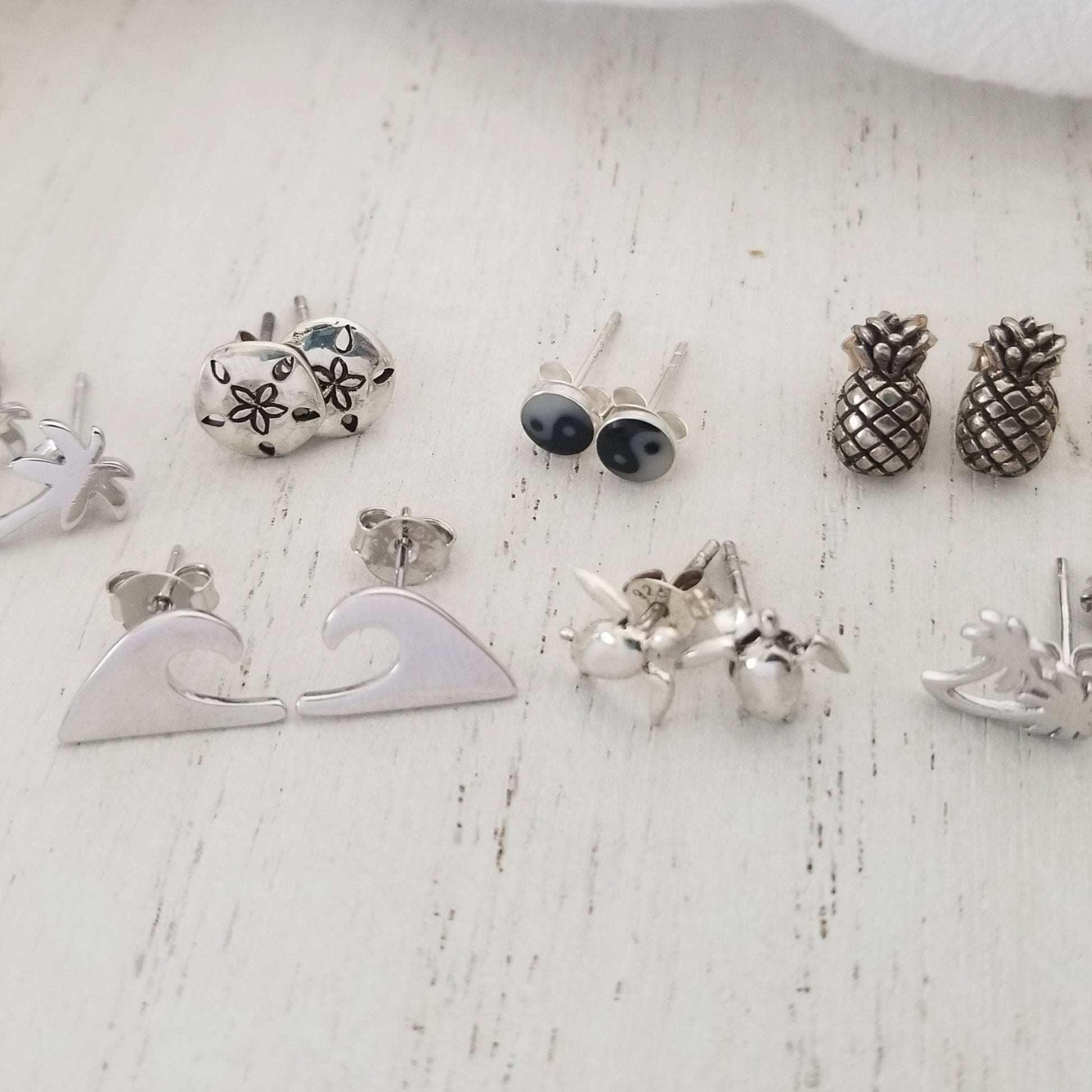 Beach Style Sterling Silver Stud Earrings - Sea Turtle, Wave, Pineapple, Sand Dollar or Palm Tree
