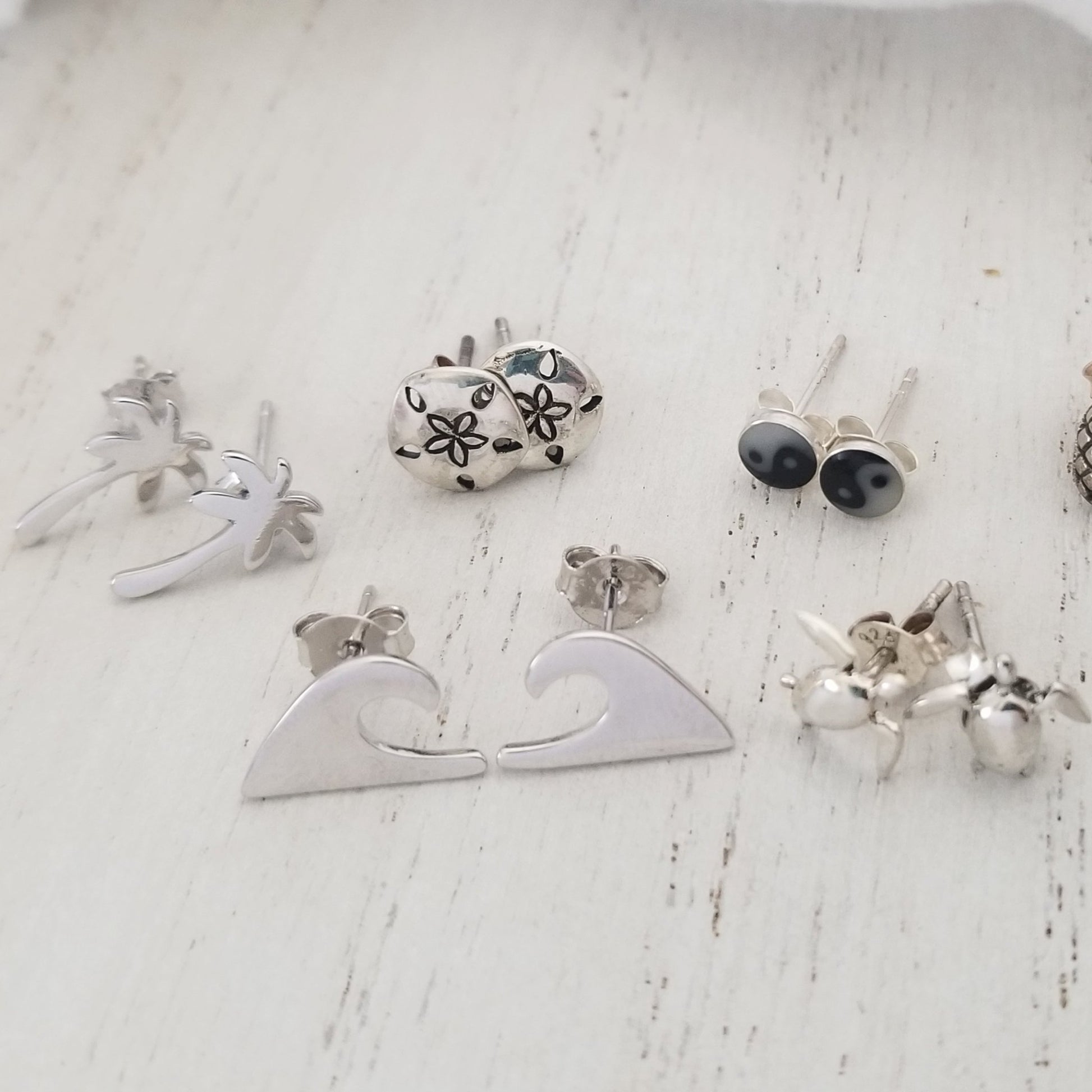 Beach Style Sterling Silver Stud Earrings - Sea Turtle, Wave, Pineapple, Sand Dollar or Palm Tree