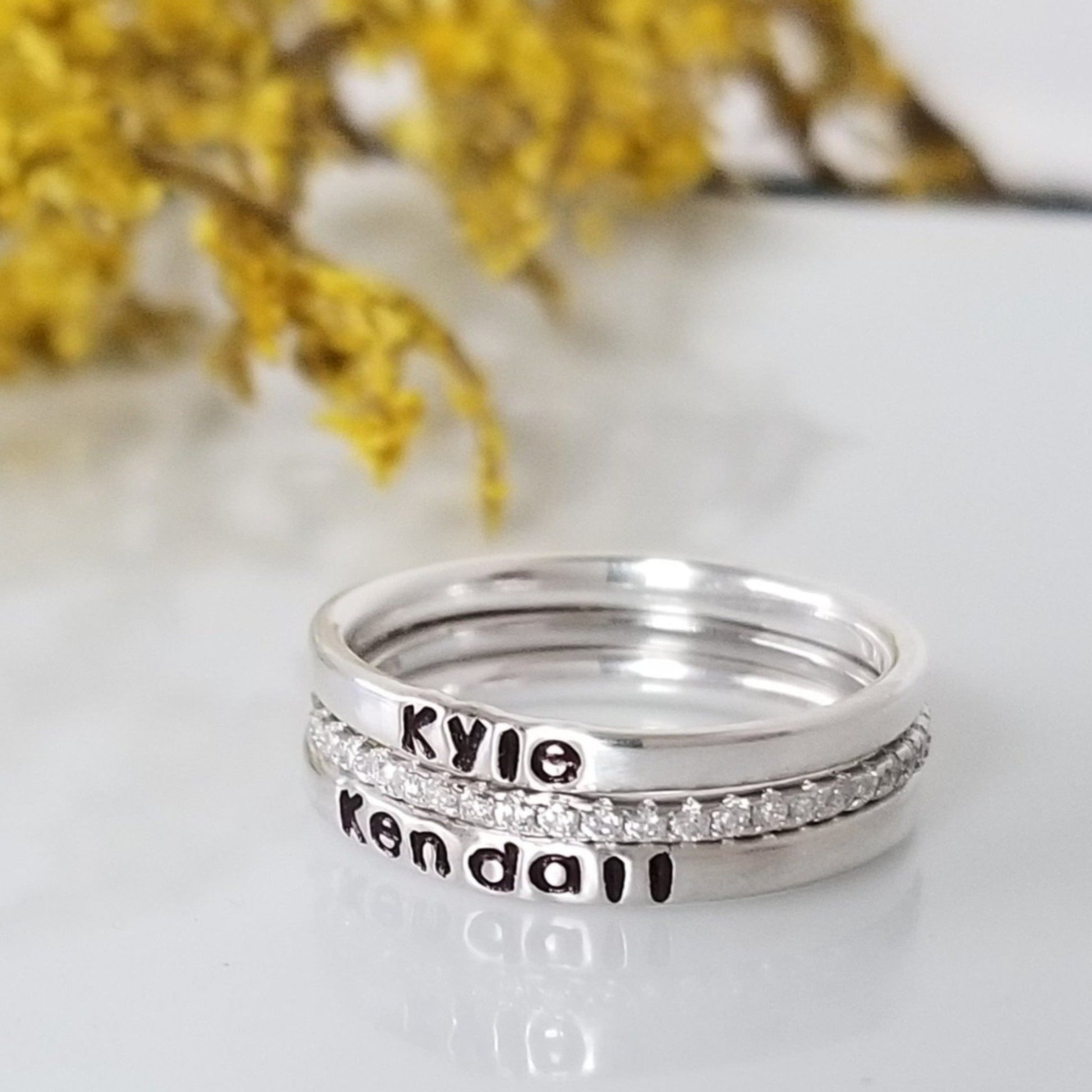 3pc Thin Name Ring and CZ Stacking Set - Sterling Silver