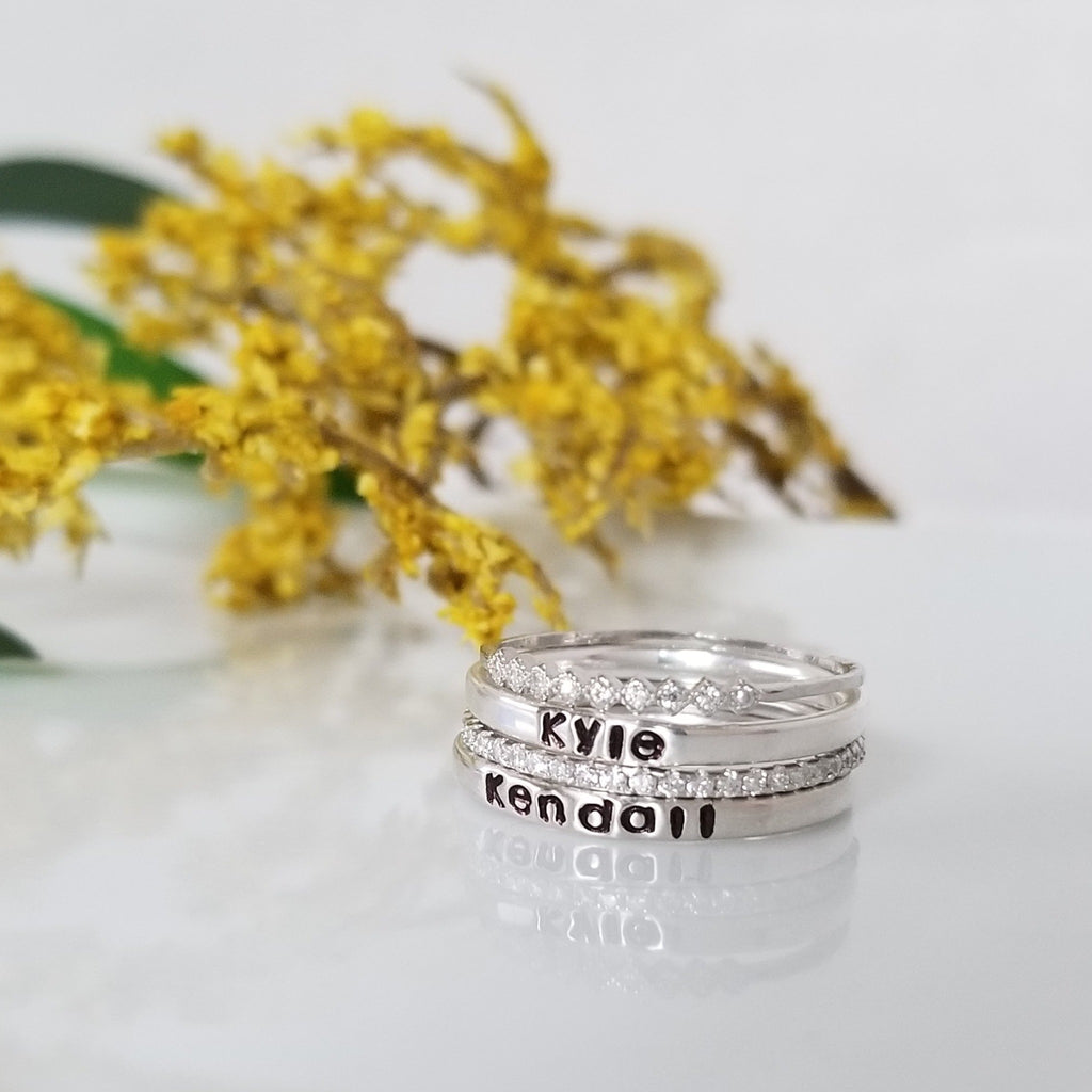 3pc Thin Name Ring and CZ Stacking Set - Sterling Silver