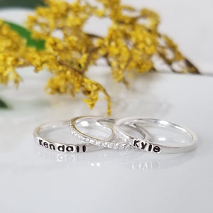 3pc Thin Name Ring and CZ Stacking Set - Sterling Silver