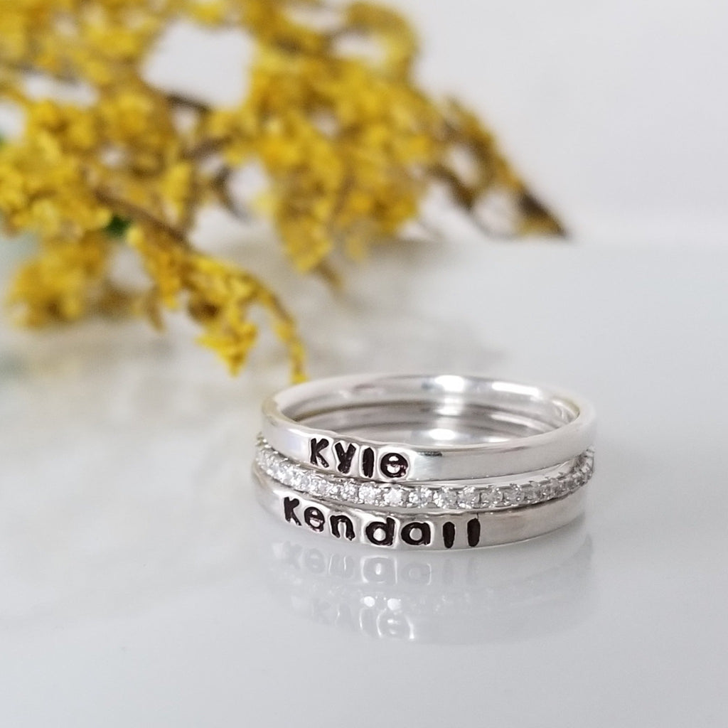 3pc Thin Name Ring and CZ Stacking Set - Sterling Silver