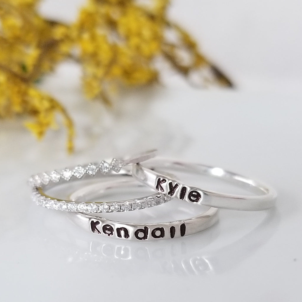 3pc Thin Name Ring and CZ Stacking Set - Sterling Silver