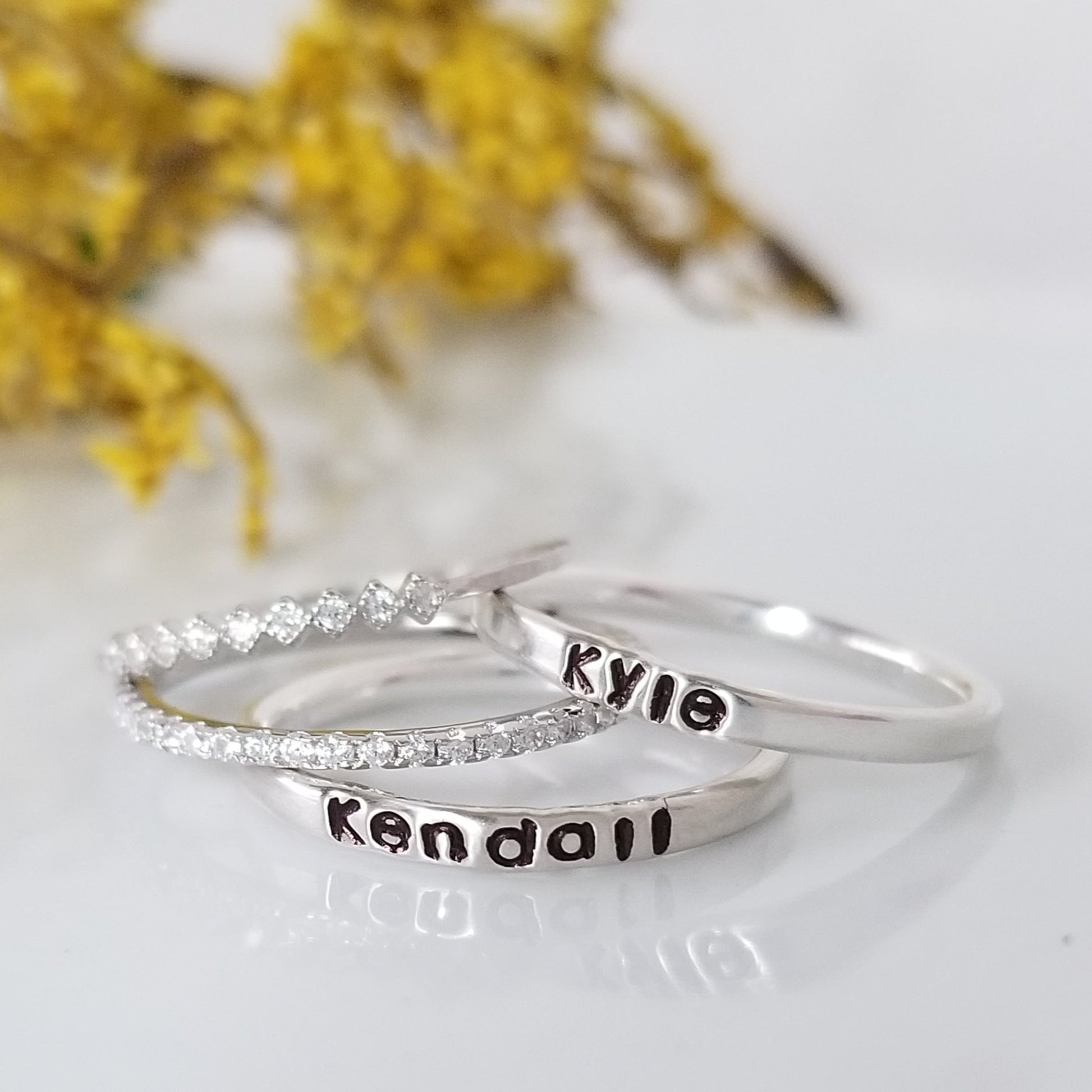 3pc Thin Name Ring and CZ Stacking Set - Sterling Silver