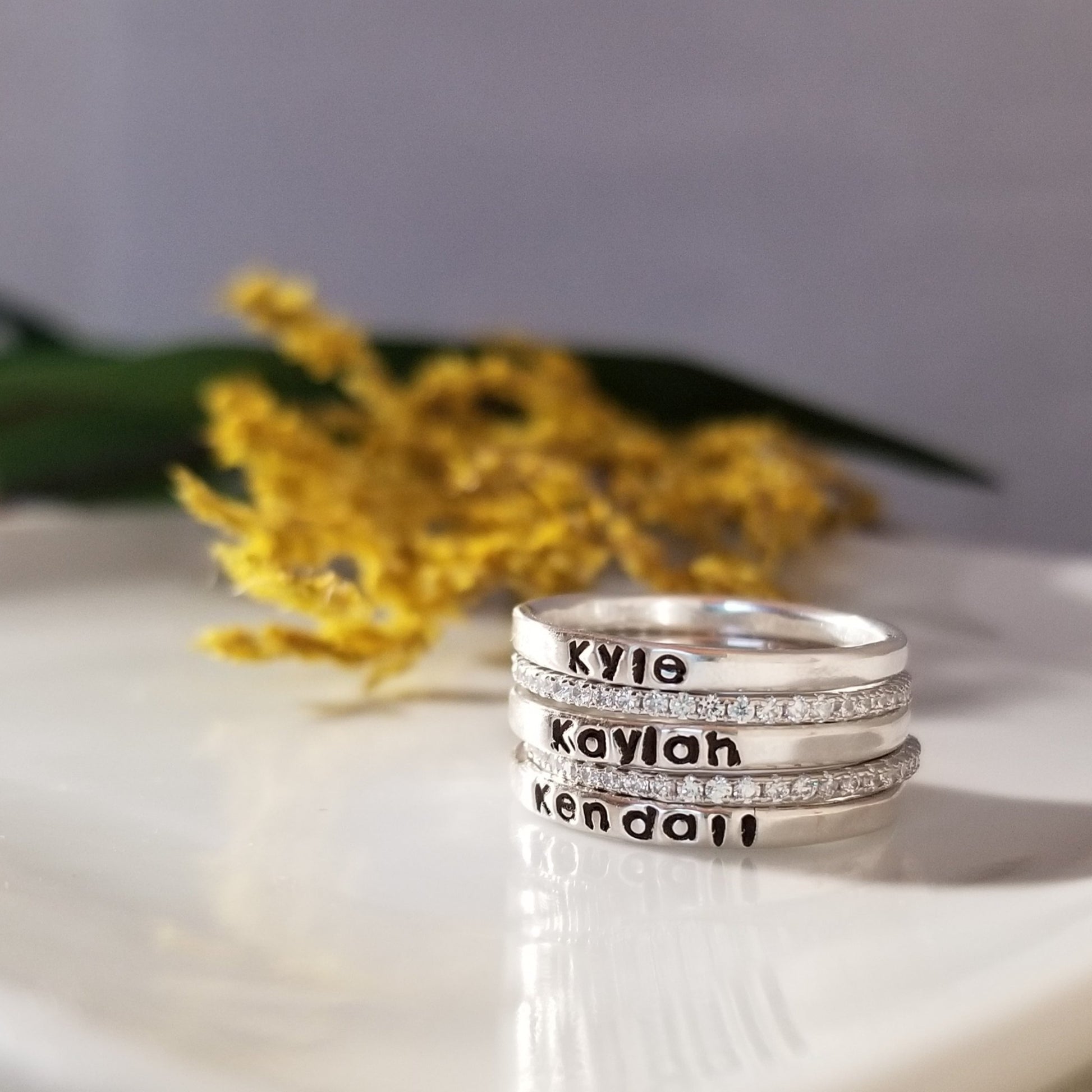 3pc Thin Name Ring and CZ Stacking Set - Sterling Silver