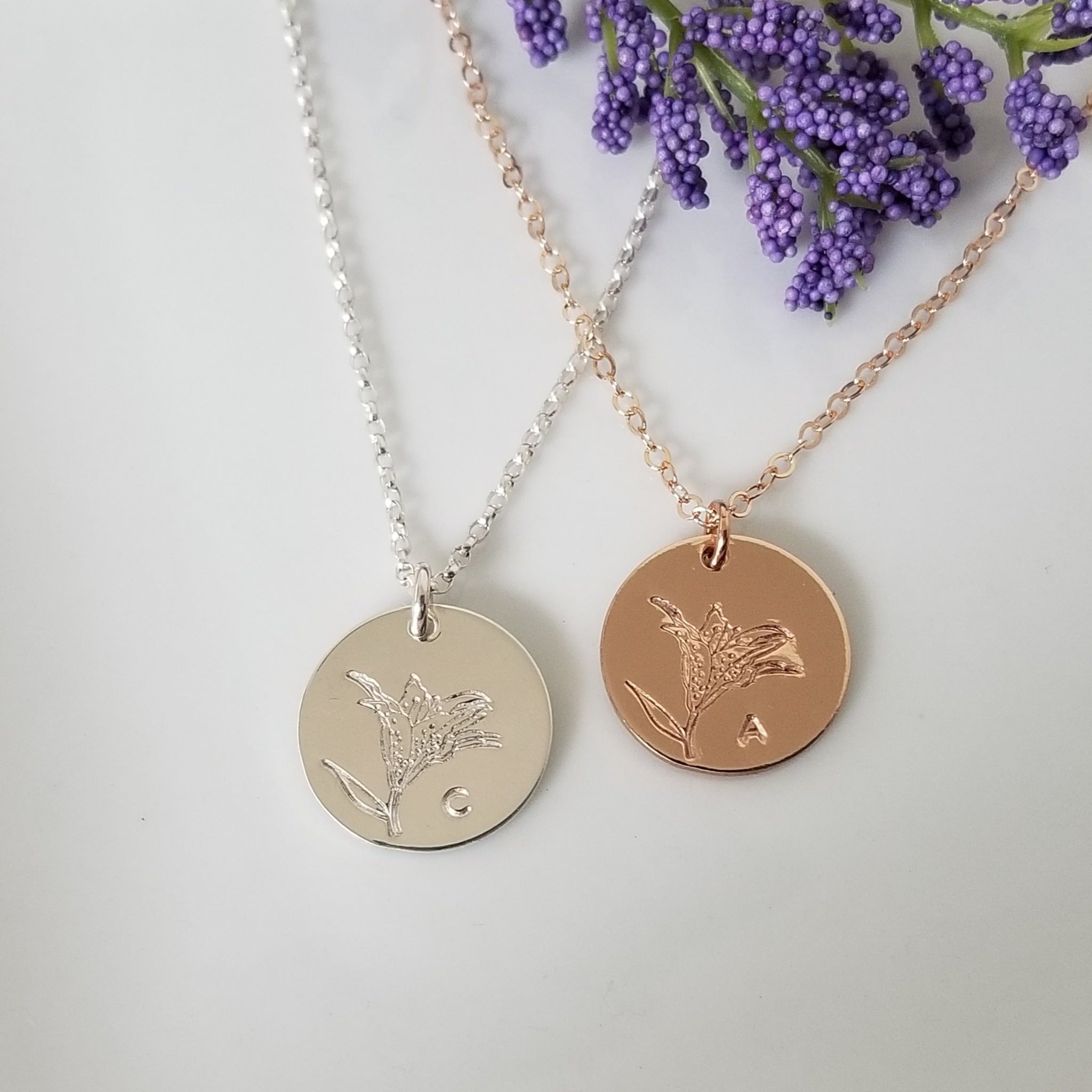 Lily Flower Initial Necklace - Sterling, Gold, or Rose Gold