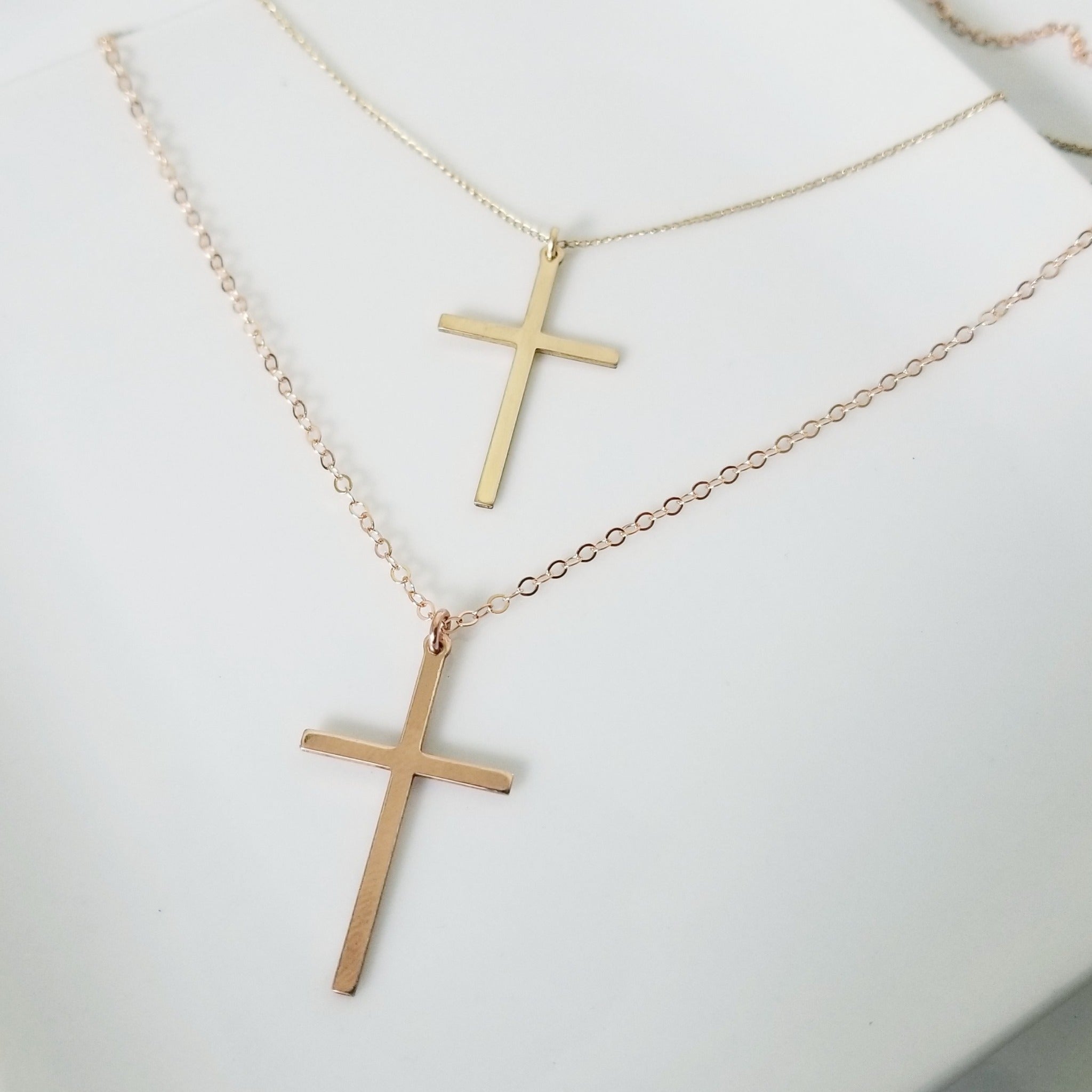 Long Sleek Cross Necklace - Gold or Rose Gold