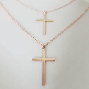 Long Sleek Cross Necklace - Gold or Rose Gold