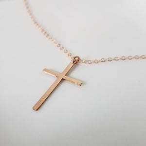 Long Sleek Cross Necklace - Gold or Rose Gold