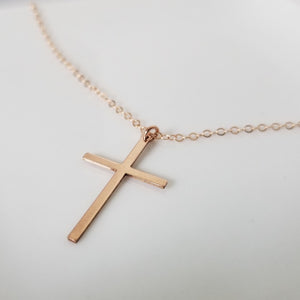 Long Sleek Cross Necklace - Gold or Rose Gold