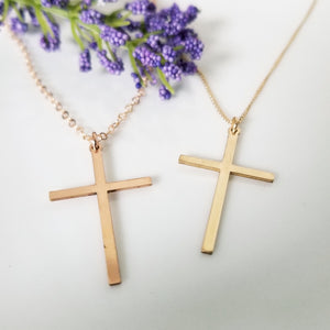 Long Sleek Cross Necklace - Gold or Rose Gold