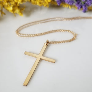 Long Sleek Cross Necklace - Gold or Rose Gold