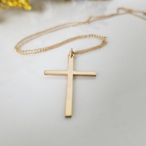 Long Sleek Cross Necklace - Gold or Rose Gold