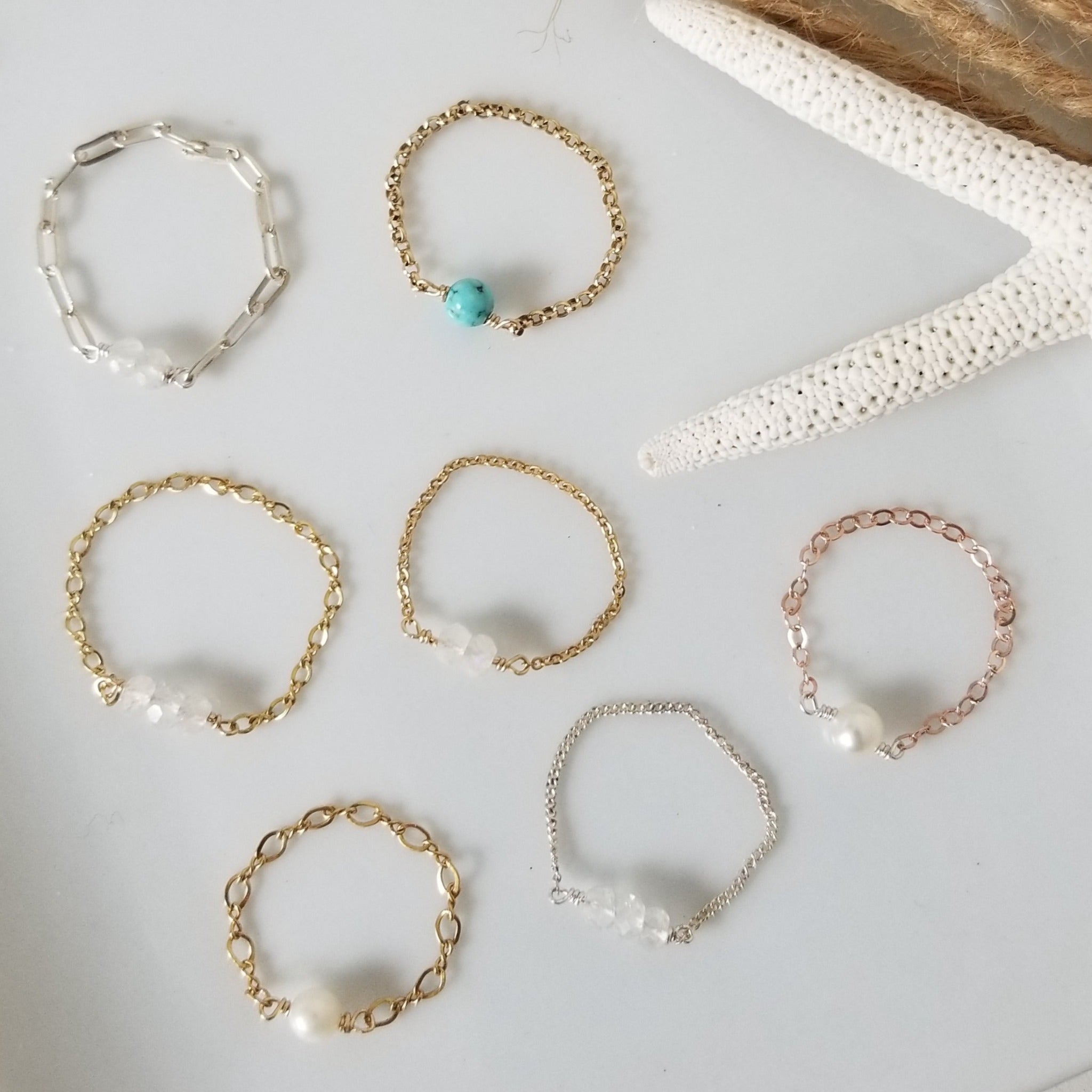 Dainty Natural Stone Chain Ring - Sterling, Gold or Rose Gold