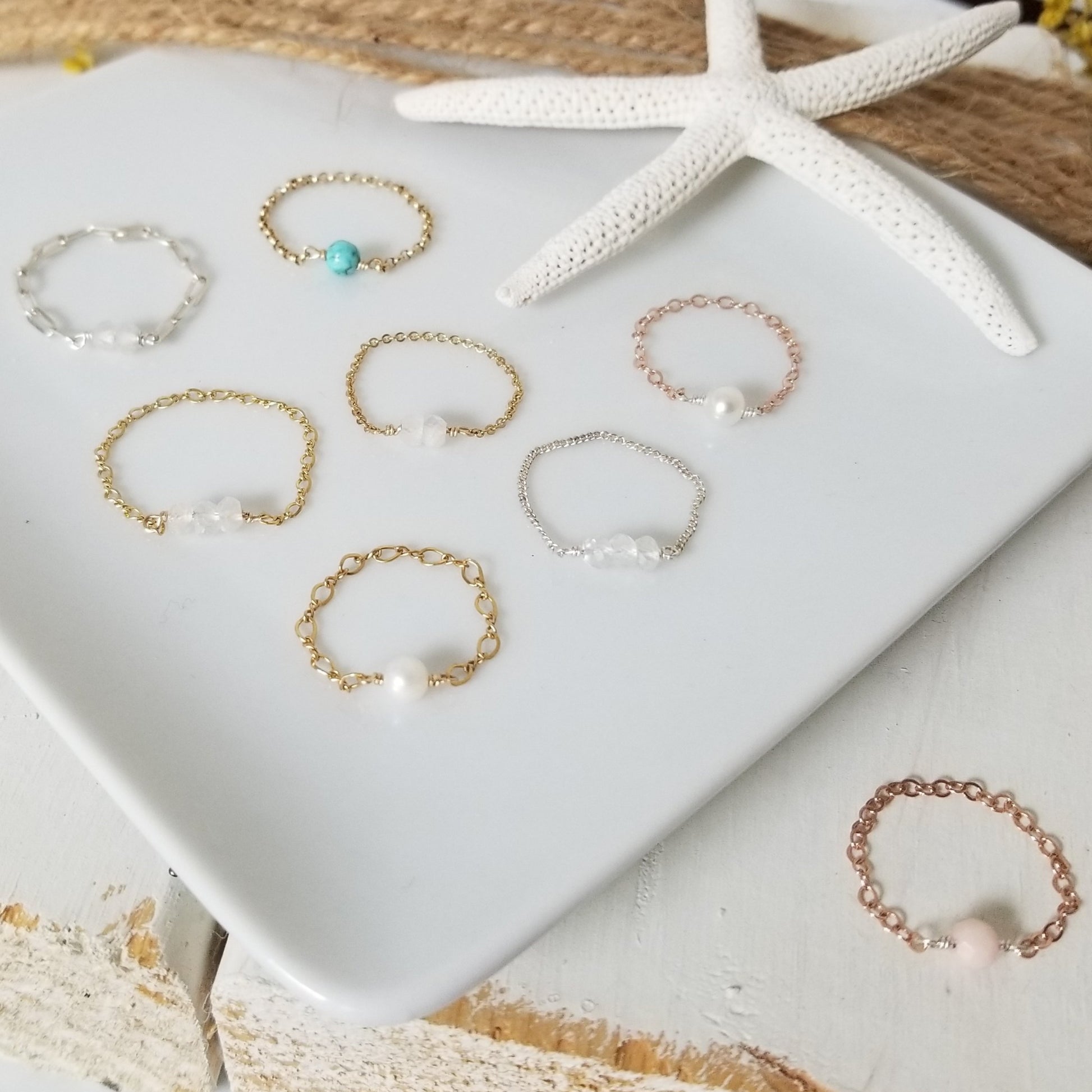 Dainty Natural Stone Chain Ring - Sterling, Gold or Rose Gold