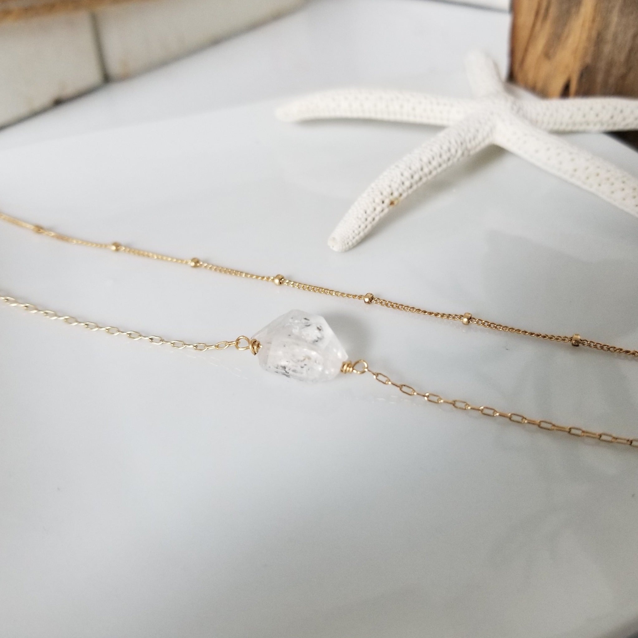 Freshwater Pearl or Herkimer Diamond Chain Link Bracelet - Sterling Silver, Gold, or Rose Gold