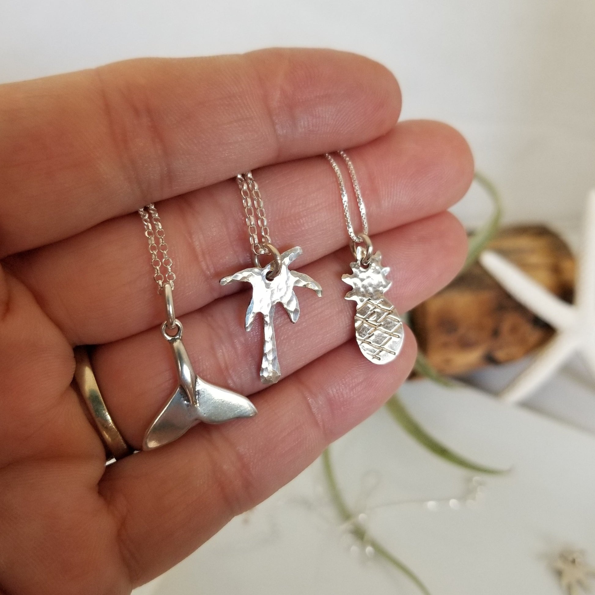 Palm Tree, Pineapple or Whale Tail Disc Necklace - Sterling Silver