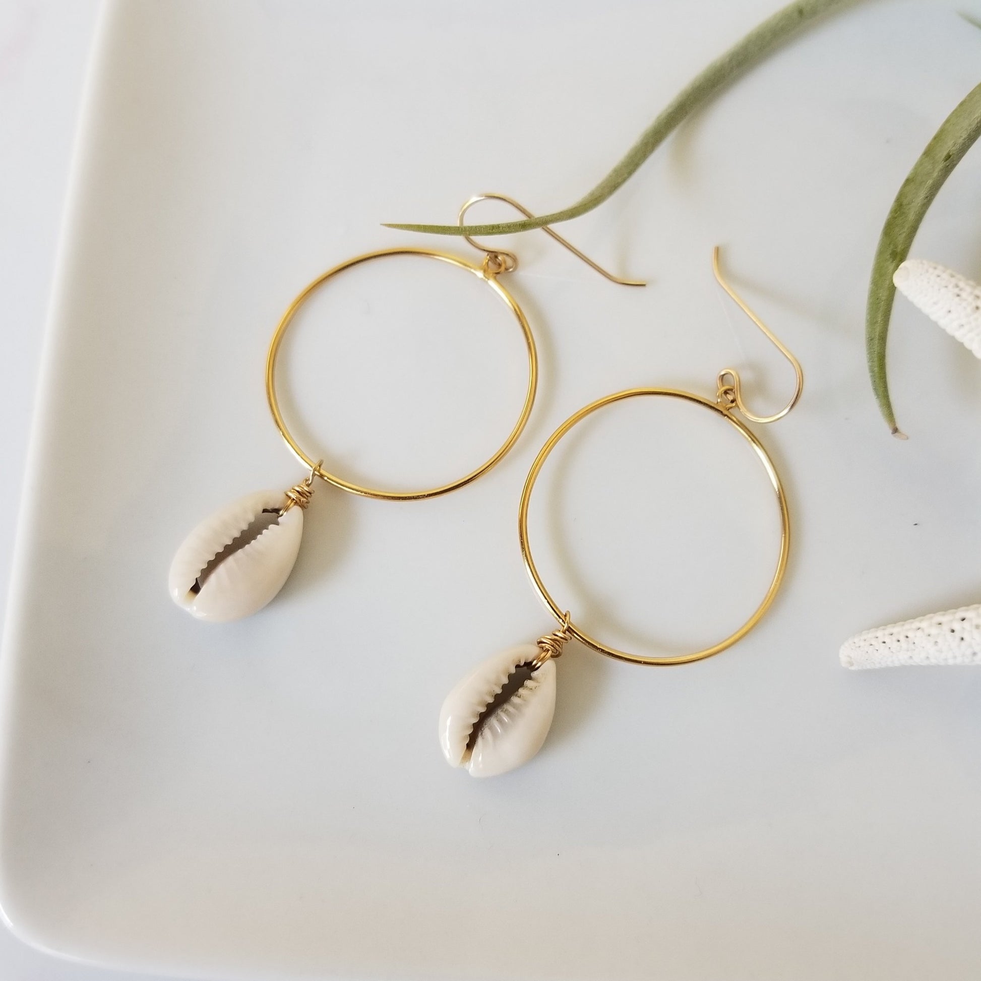Drop Hoop Shell Charm Earrings - Sterling or Gold
