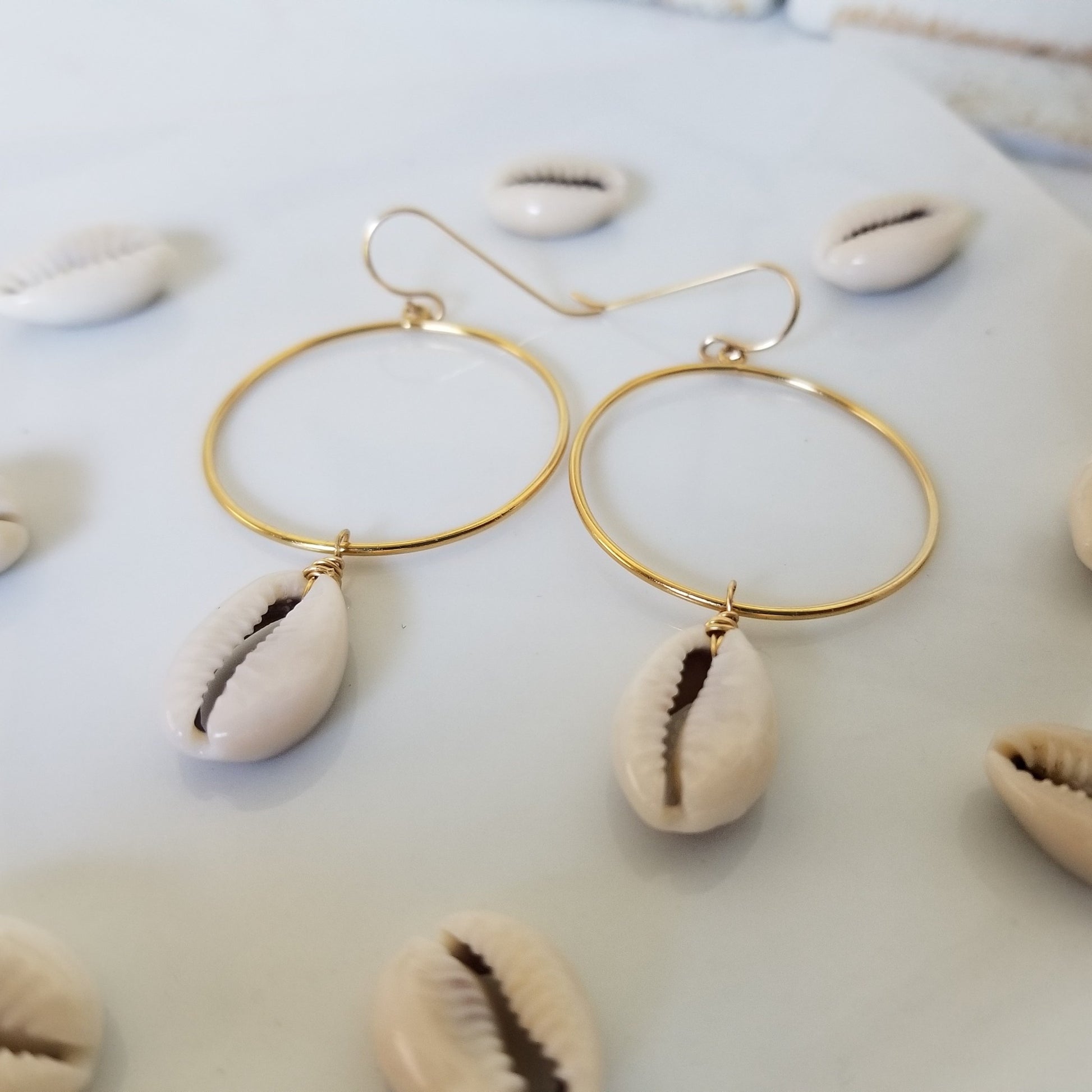 Drop Hoop Shell Charm Earrings - Sterling or Gold