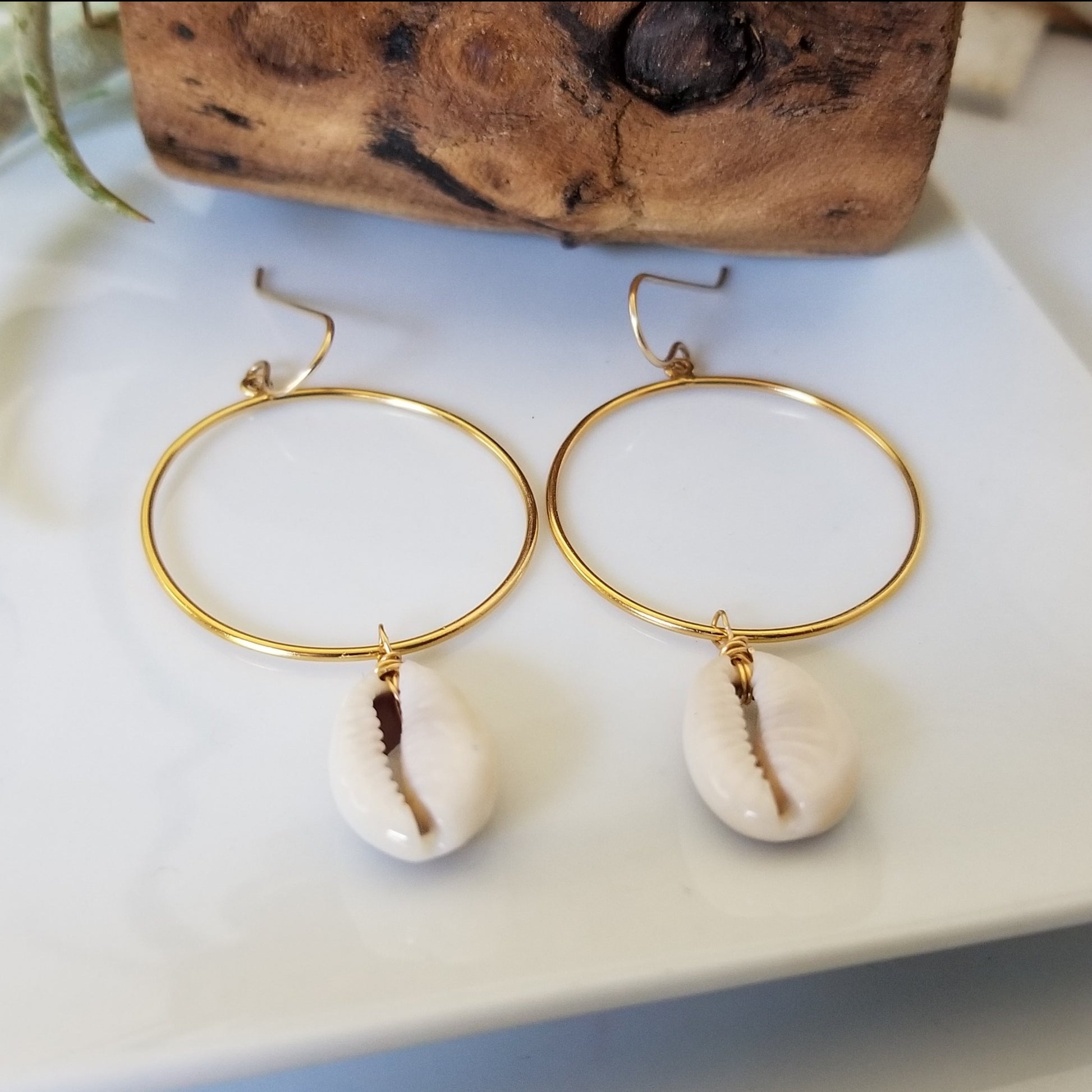 Drop Hoop Shell Charm Earrings - Sterling or Gold