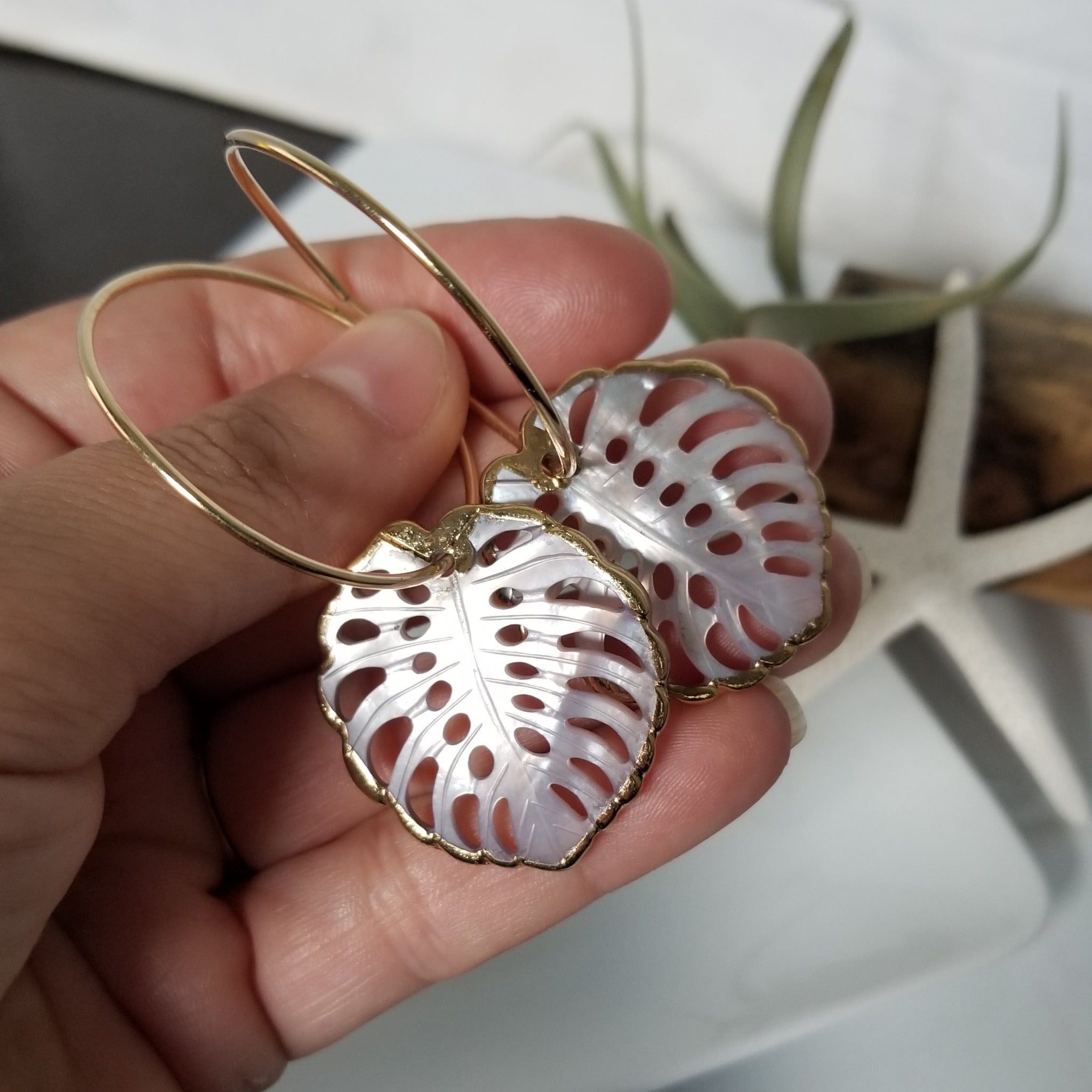 The "Kyla" - Eternity Hoop Monstera Drop Earrings - Gold