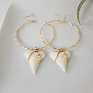 Drop Hoop Shark Tooth Charm Earrings - Sterling or Gold