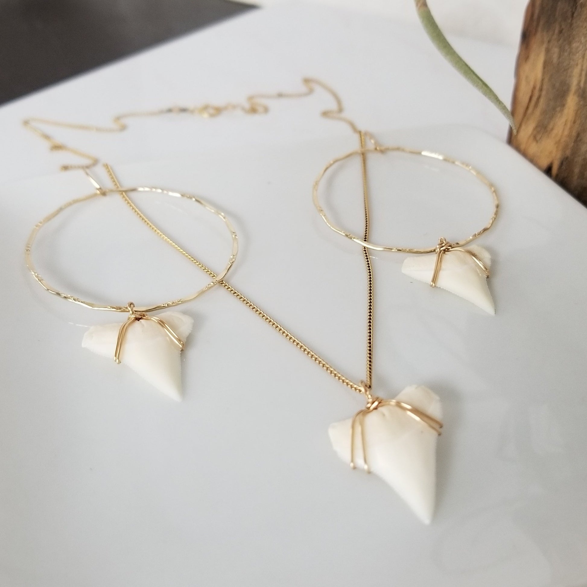 Drop Hoop Shark Tooth Charm Earrings - Sterling or Gold