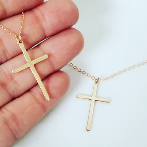 Long Sleek Cross Necklace - Gold or Rose Gold