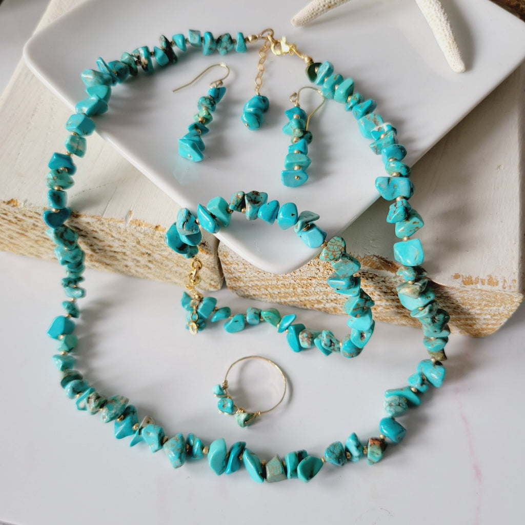 Real Turquoise and 14kt Gold Beaded Necklace, Bracelet, Earrings, or Set