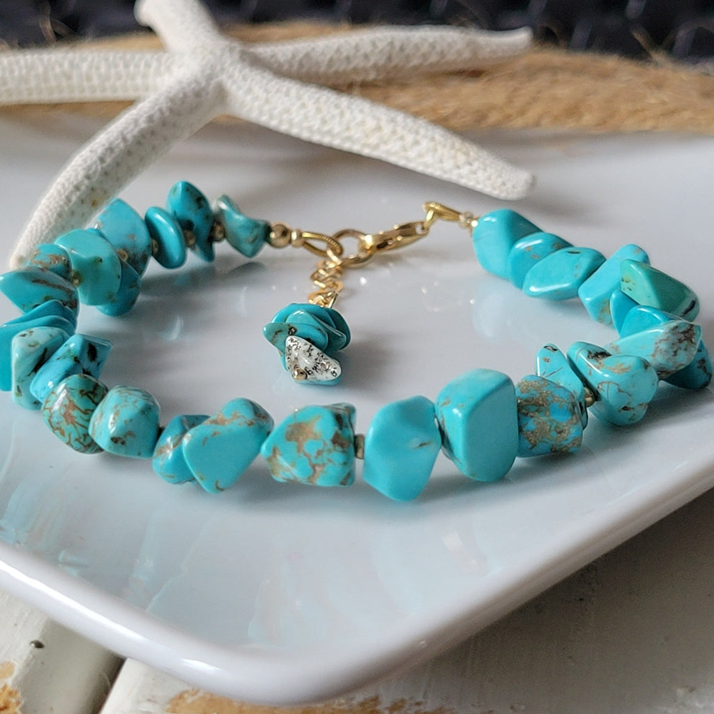Real Turquoise and 14kt Gold Beaded Necklace, Bracelet, Earrings, or Set