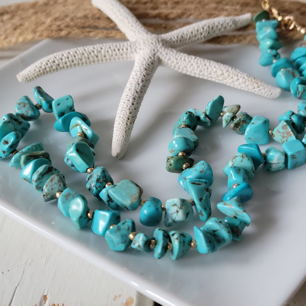 Real Turquoise and 14kt Gold Beaded Necklace, Bracelet, Earrings, or Set
