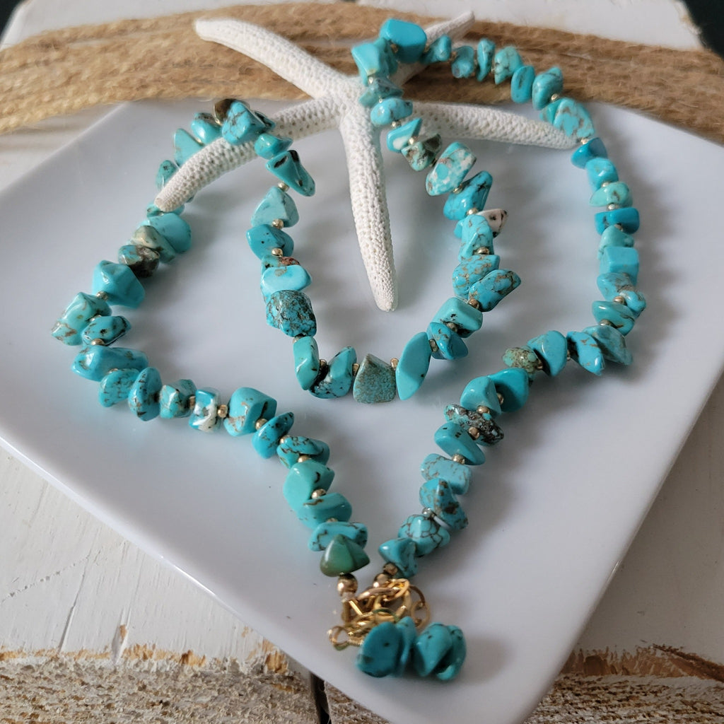 Real Turquoise and 14kt Gold Beaded Necklace, Bracelet, Earrings, or Set