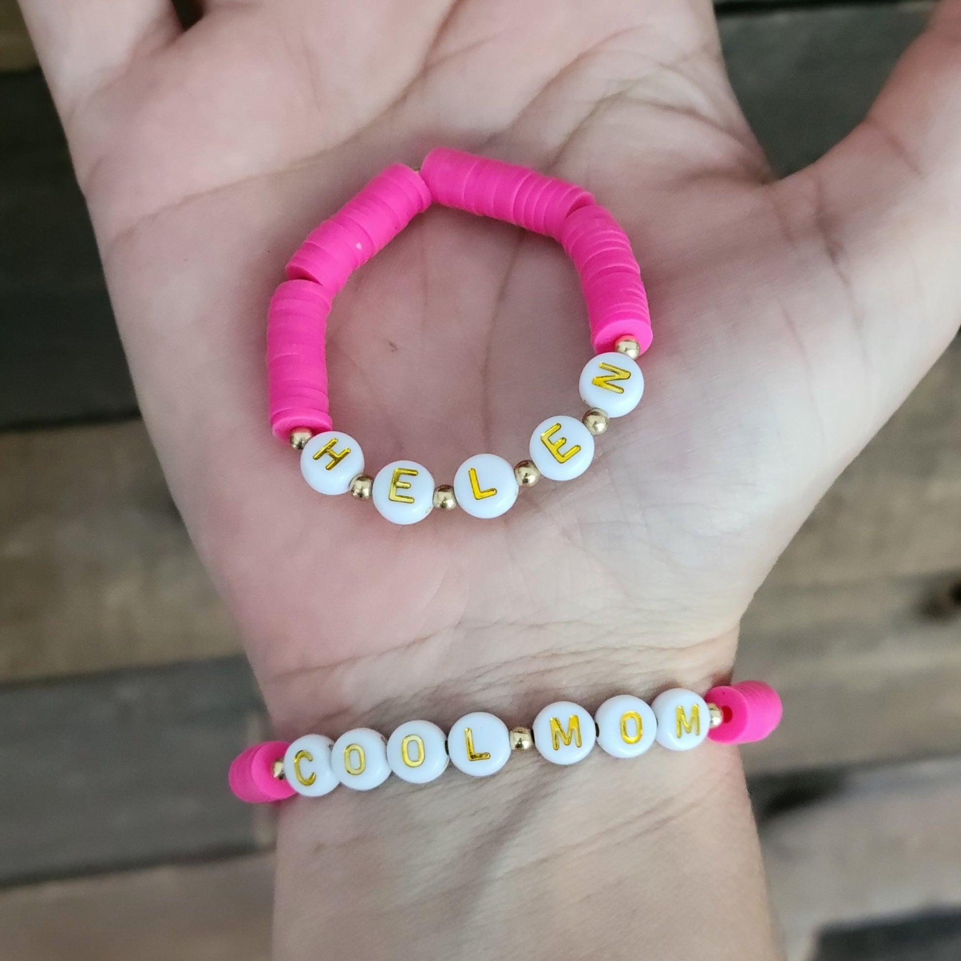 Mother and Daughter Matching Name and Polymer Clay Bead Bracelet
