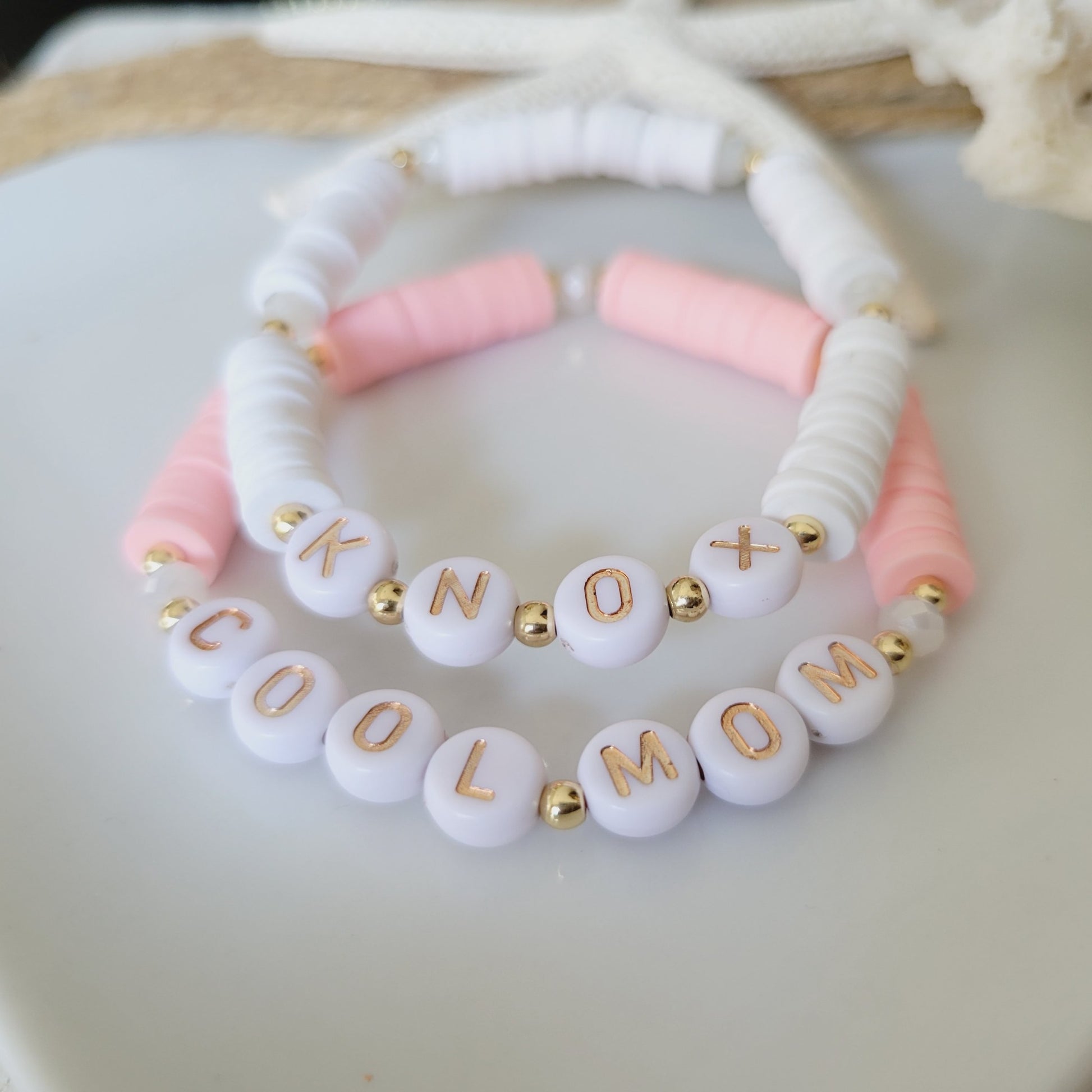 Mother and Daughter Matching Name and Polymer Clay Bead Bracelet