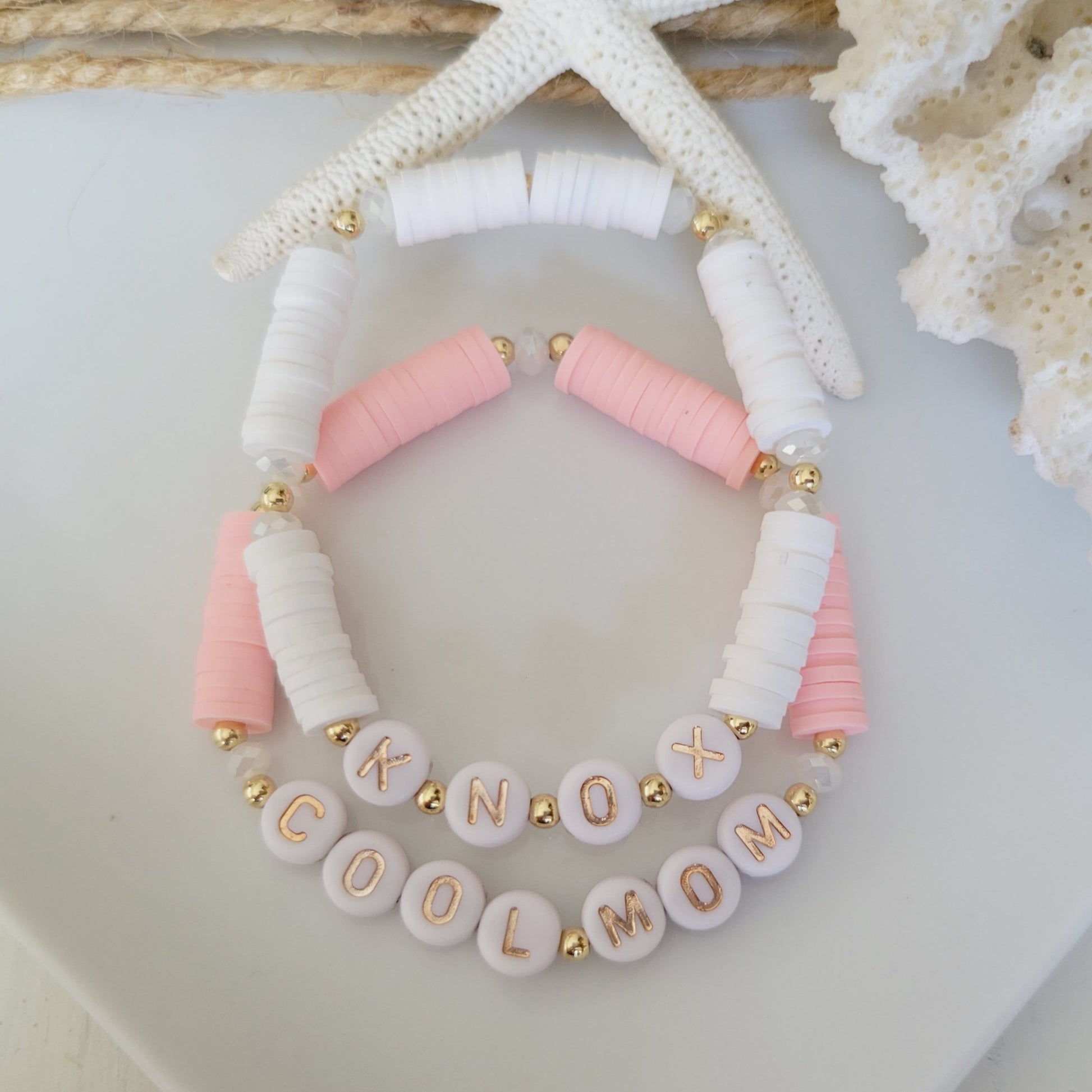 Mother and Daughter Matching Name and Polymer Clay Bead Bracelet
