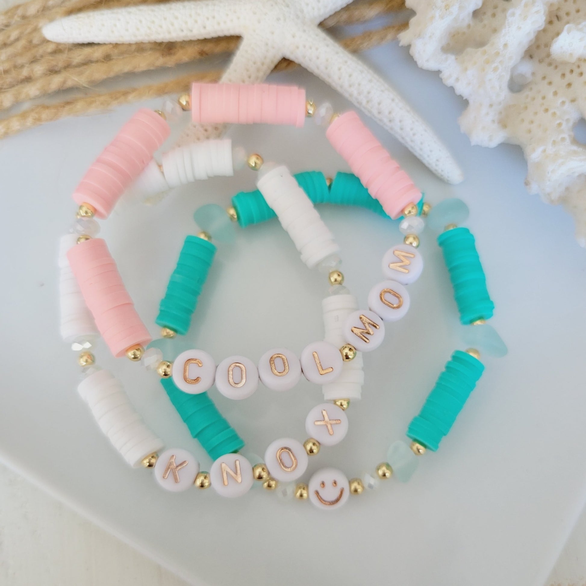 Mother and Daughter Matching Name and Polymer Clay Bead Bracelet