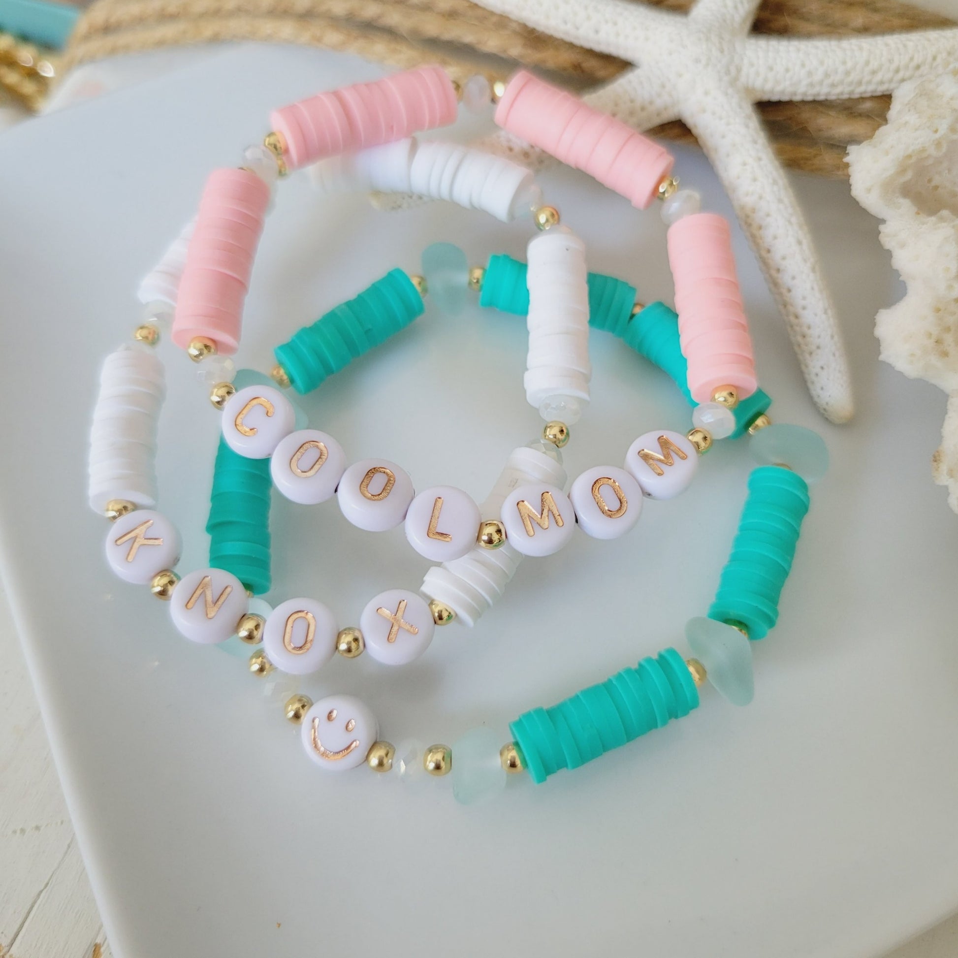 Mother and Daughter Matching Name and Polymer Clay Bead Bracelet