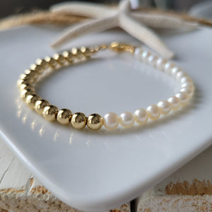 Gold and Freshwater Pearl Beaded Layering Bracelet or Necklace - 4-5mm