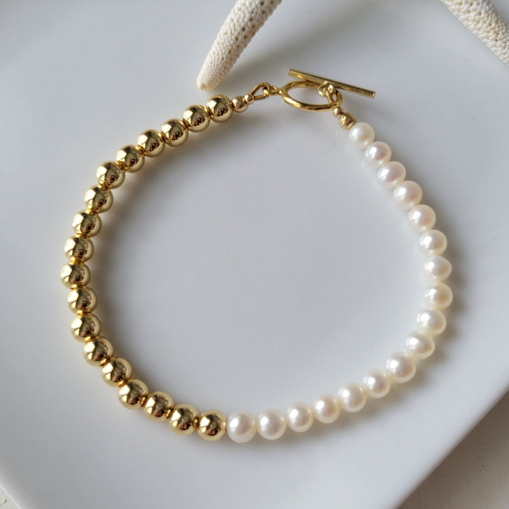 Gold and Freshwater Pearl Beaded Layering Bracelet or Necklace - 4-5mm