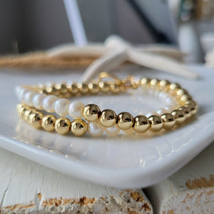 Gold and Freshwater Pearl Beaded Layering Bracelet or Necklace - 4-5mm