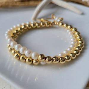 Gold and Freshwater Pearl Beaded Layering Bracelet or Necklace - 4-5mm