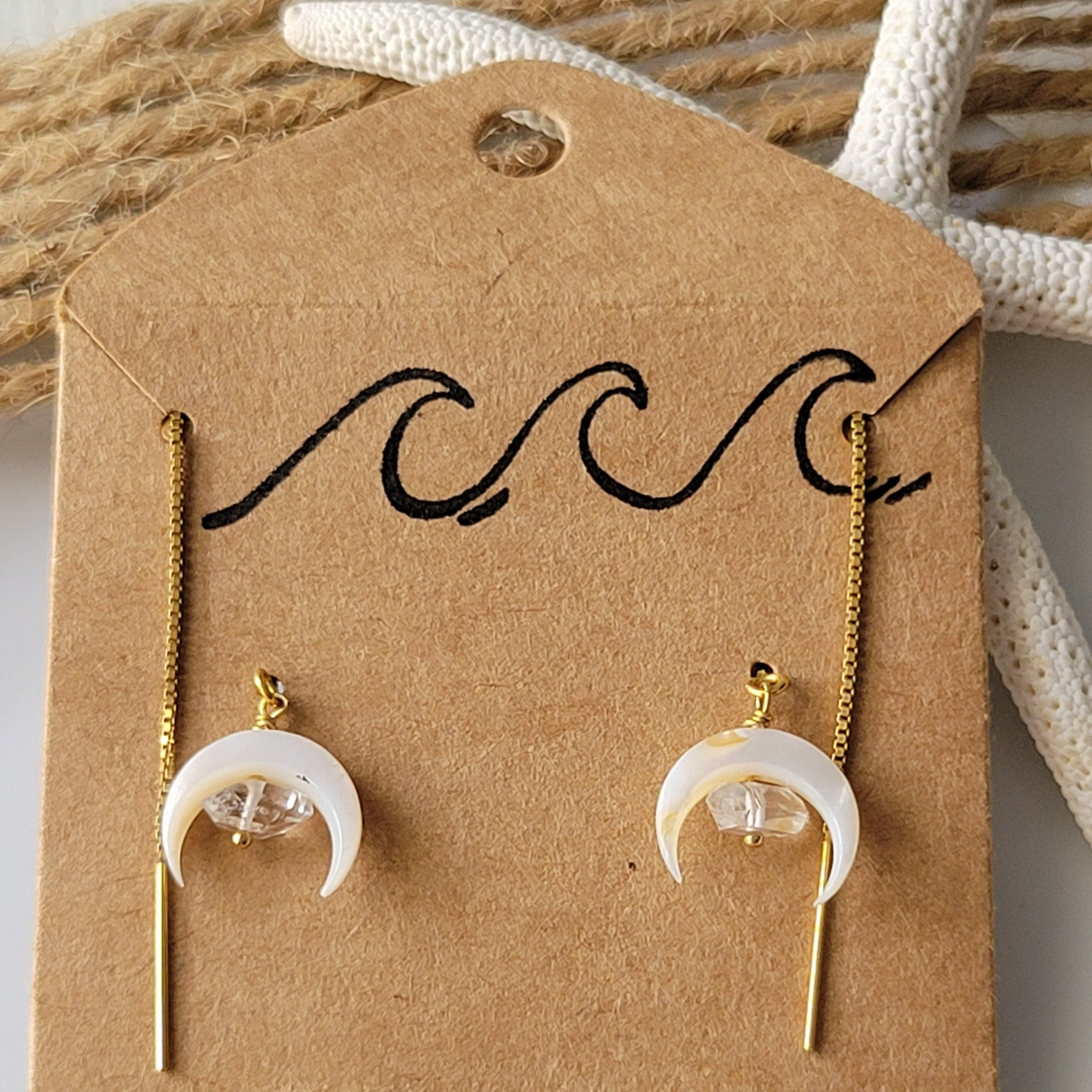 Crescent Moon and Herkimer Diamond Threader Earrings - Sterling, Gold or Rose Gold