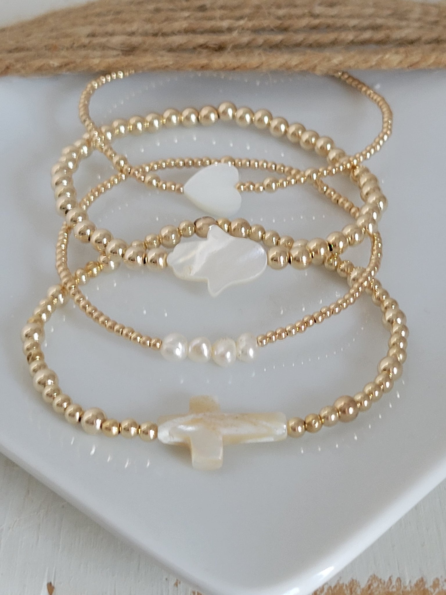 Gold Beaded and Pearl Charm Layering Bracelet - 2mm, 3mm, 4mm, 5mm