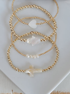 Gold Beaded and Pearl Charm Layering Bracelet - 2mm, 3mm, 4mm, 5mm